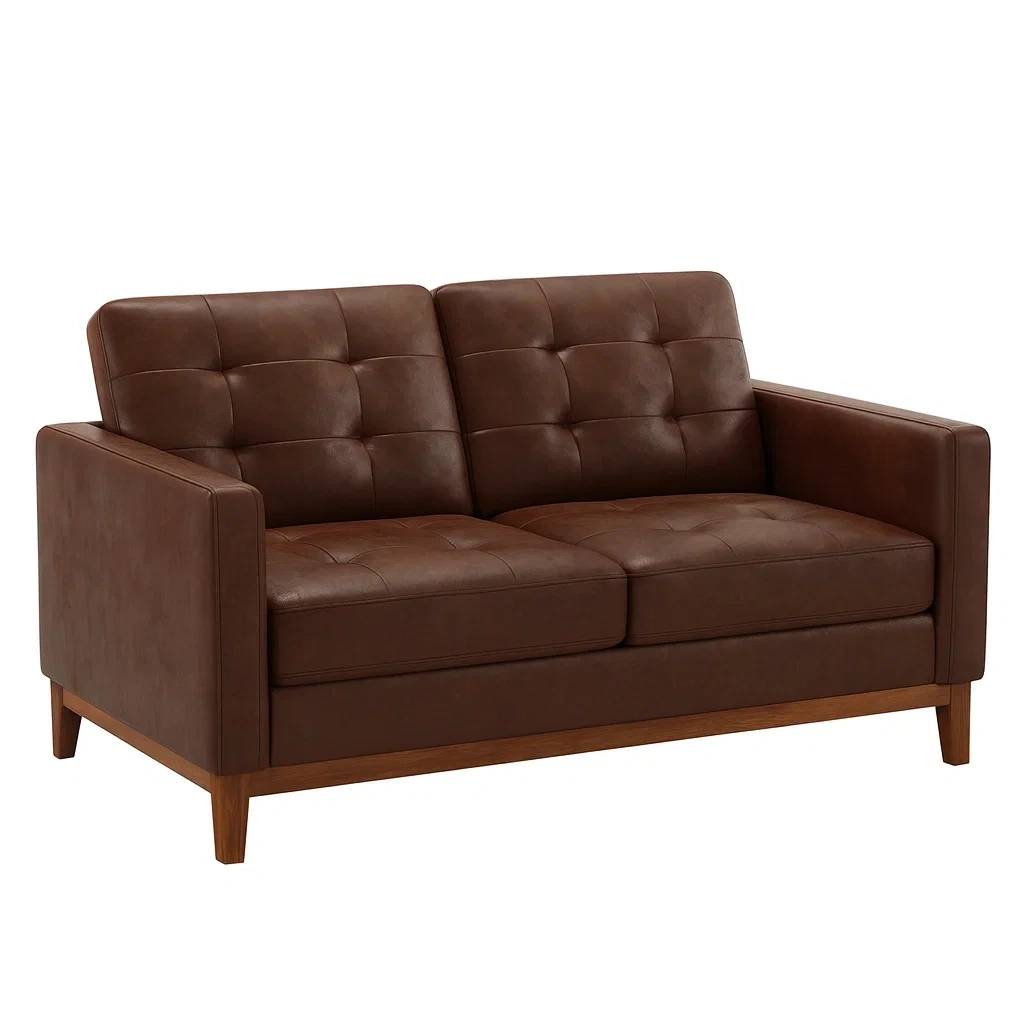 Canapé 2 places en cuir synthétique marron avec structure en bois