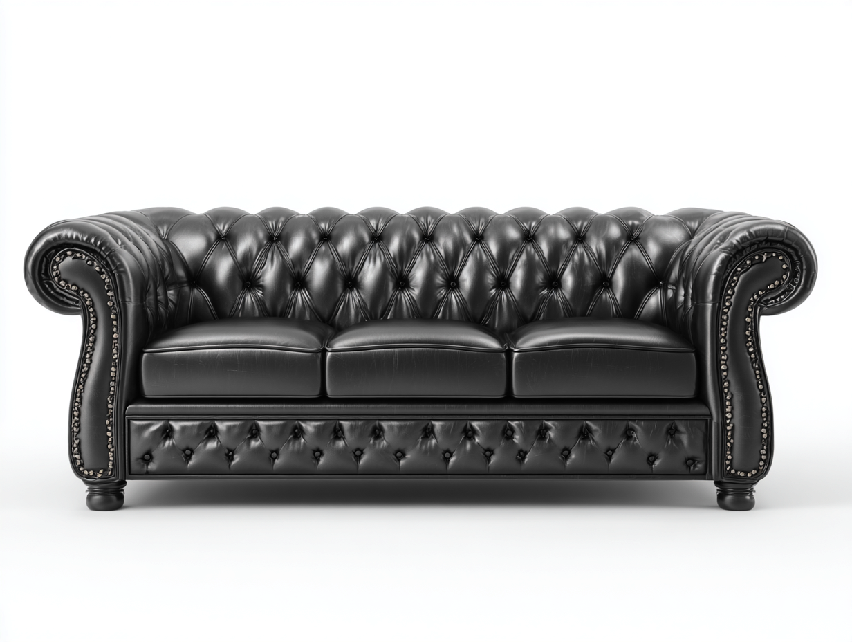 Canapé 3 places - cuir véritable - 215x90x85 cm - noir - design classique