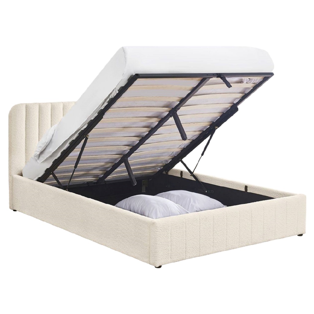 Lit coffre en tissu bouclette écru — Tête de lit matelassée verticale — Système de levage hydraulique