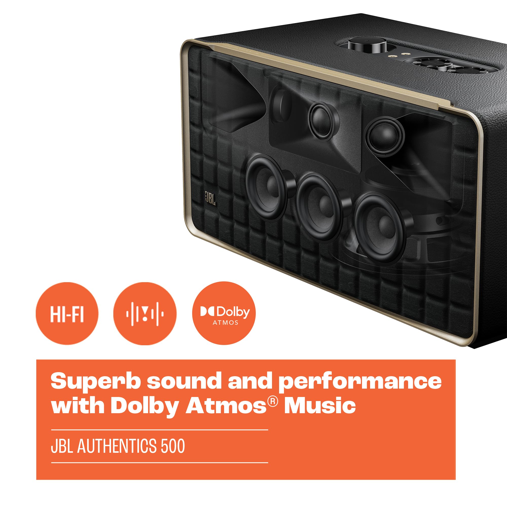 JBL Authentics 500 Enceinte intelligente connectée Hi-fidelity avec WiFi, Bluetooth et assistants vocaux, Dolby Atmos, design rétro, noire