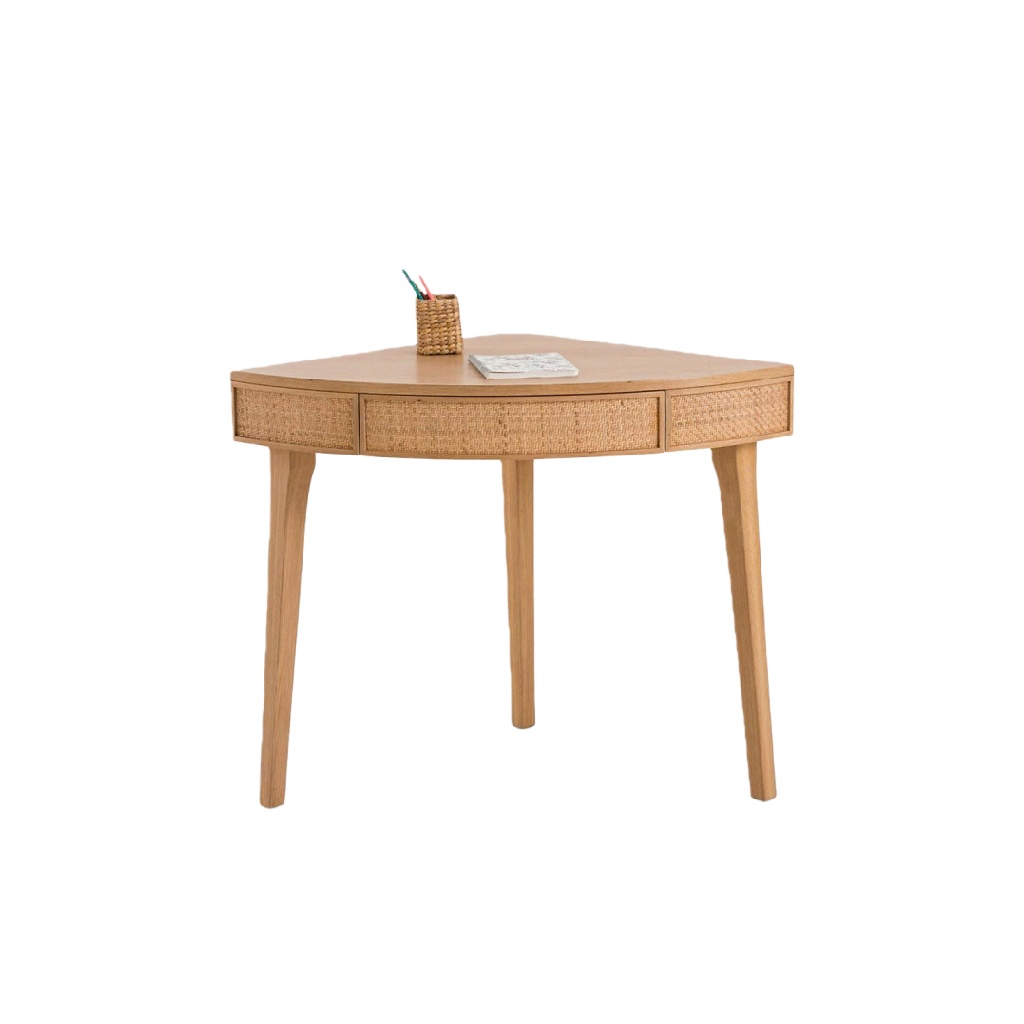 Bureau en bois naturel avec tiroirs en rotin — Design triangulaire vintage