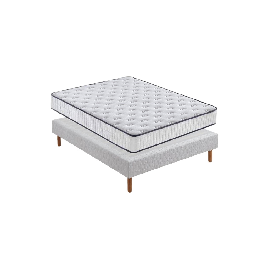Ensemble sommier + matelas — Structure en bois clair avec pieds