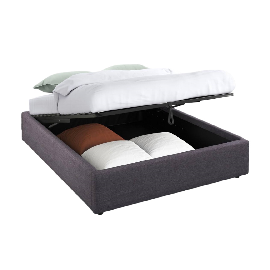 Lit coffre en tissu gris anthracite — Sommier relevable avec grand espace de rangement