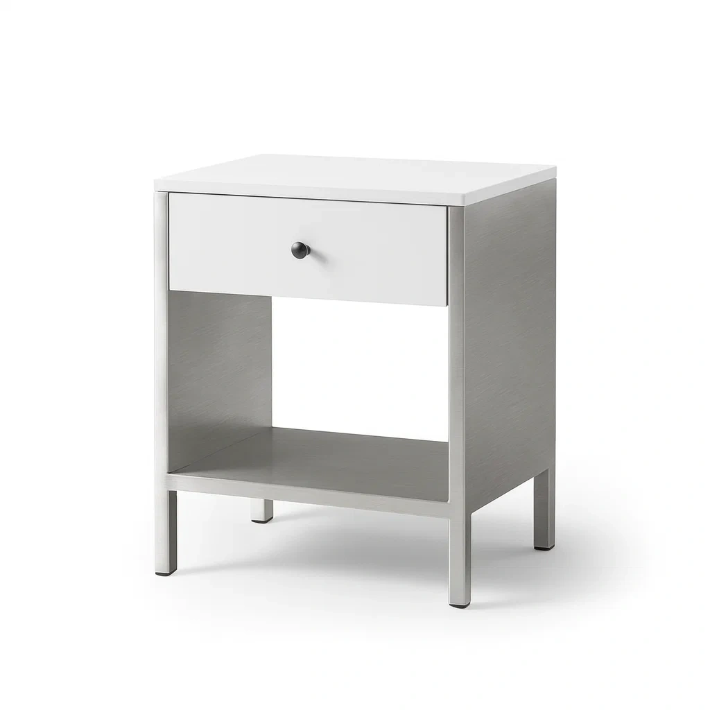 Table de chevet en acier blanc avec tiroir