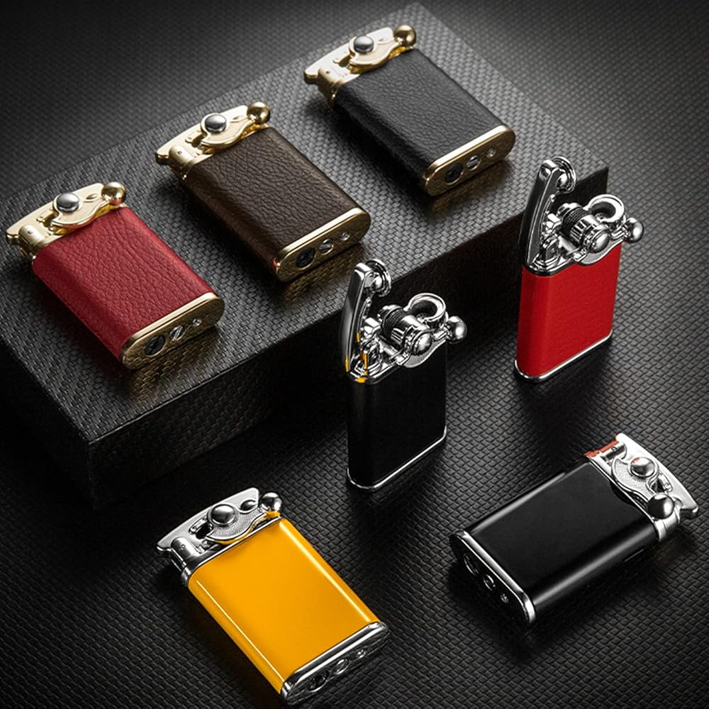 Briquet Torche Bleu Flamme Allume Cigare Coupe Vent Butane Rechargeable Réglable Forte Flamme Briquet Corps en Cuir Allumeur (sans Gaz),Brown : Cuisine et Maison