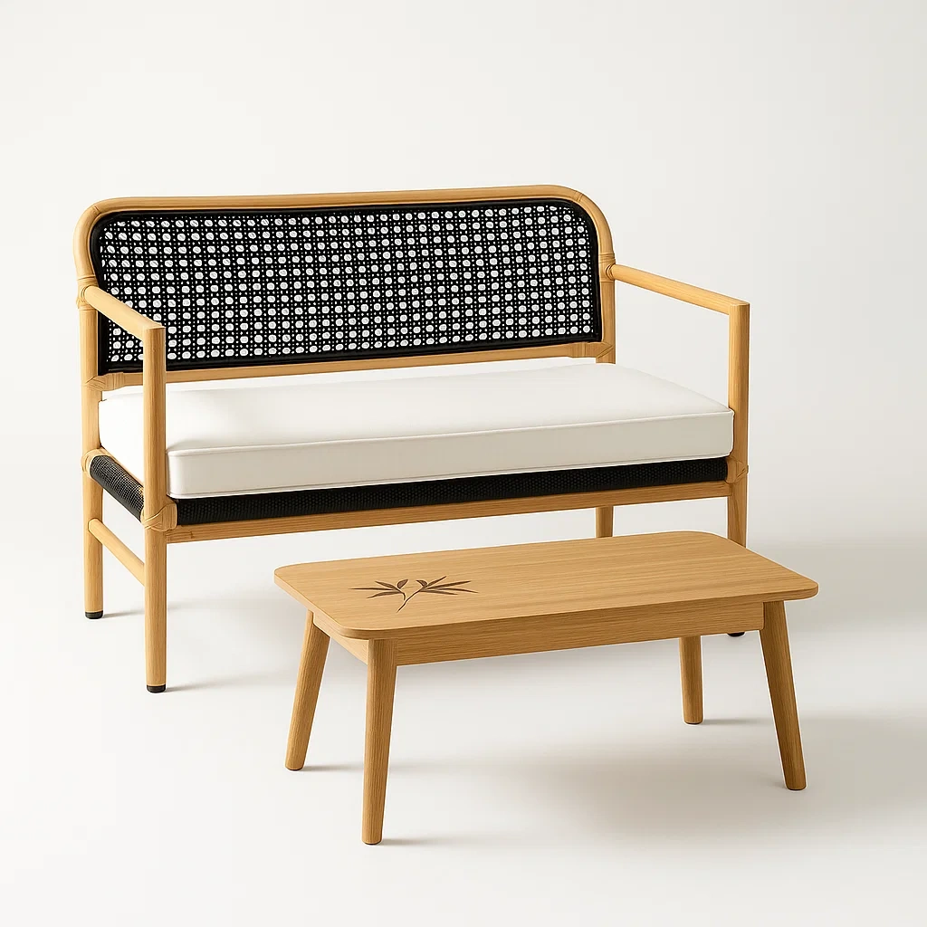 Salon de réception avec banc en rotin tissu blanc et table basse en bois