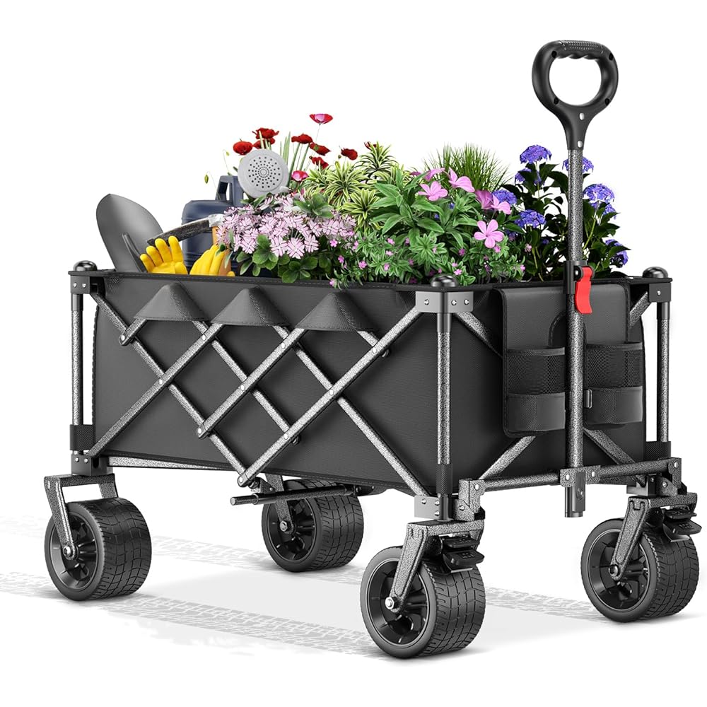 Taphnw 135L Chariot de Transport Pliable, Chariot Jardinage de Plage avec Poignée Réglable, Charge maximale de 120 kg, Tissu Oxford 600D, Voiture Pliante pour Tous Les terrains, Camping, Pique (Noir) : Jardin
