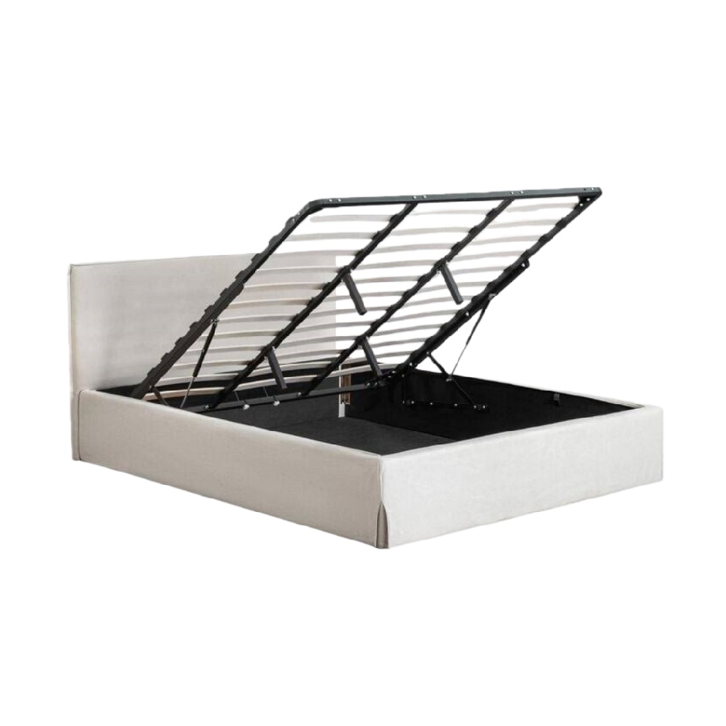 Lit coffre relevable en tissu beige — Grand espace de rangement — Design moderne