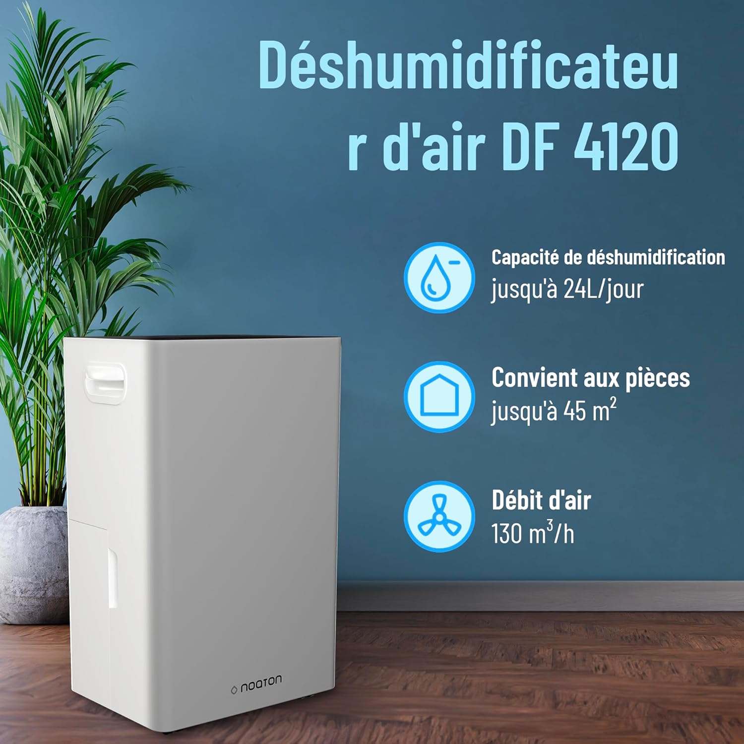 Noaton Déshumidificateur Portable Silencieux, 24L/jour, Minuterie 24h, Réservoir 5,5L, Drainage Continu, avec Dégivrage Automatique, Efficace pour Pièces jusqu'à 45 m², Afficher, Anti Moisissure