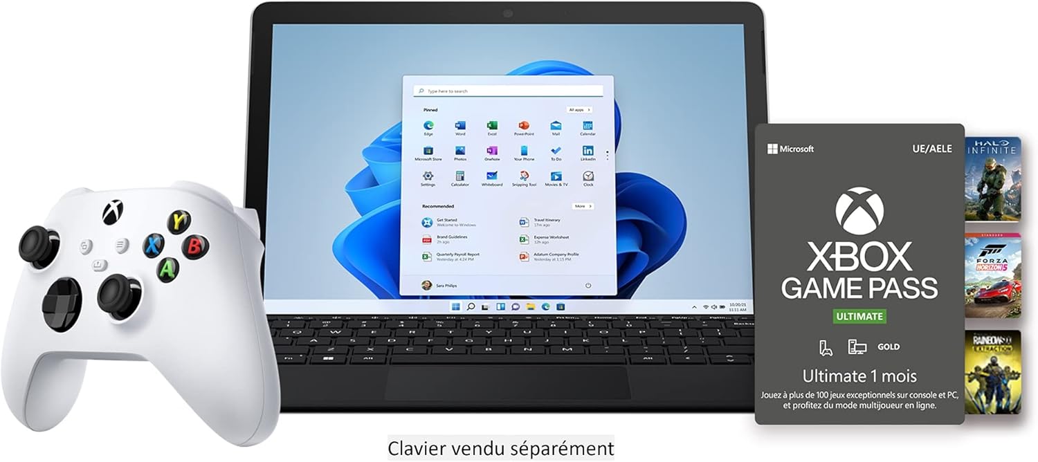 Microsoft Pack Gaming Surface Go 3(Windows 11, écran 10.5'', 8 Go RAM, 128 Go SSD, Intel Pentium Gold, WiFi, Platine) + Manette Xbox Blanche sans Fil-Robot White-avec Game Pass Ultimate 1 Mois Inclus