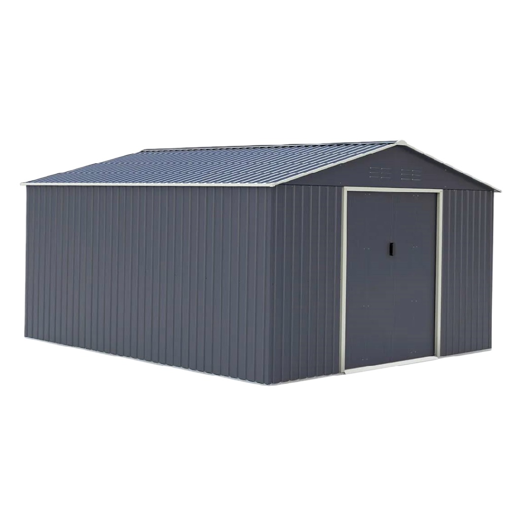 Abri de jardin en métal gris anthracite – grande cabane de rangement extérieure avec toit double pente et portes coulissantes