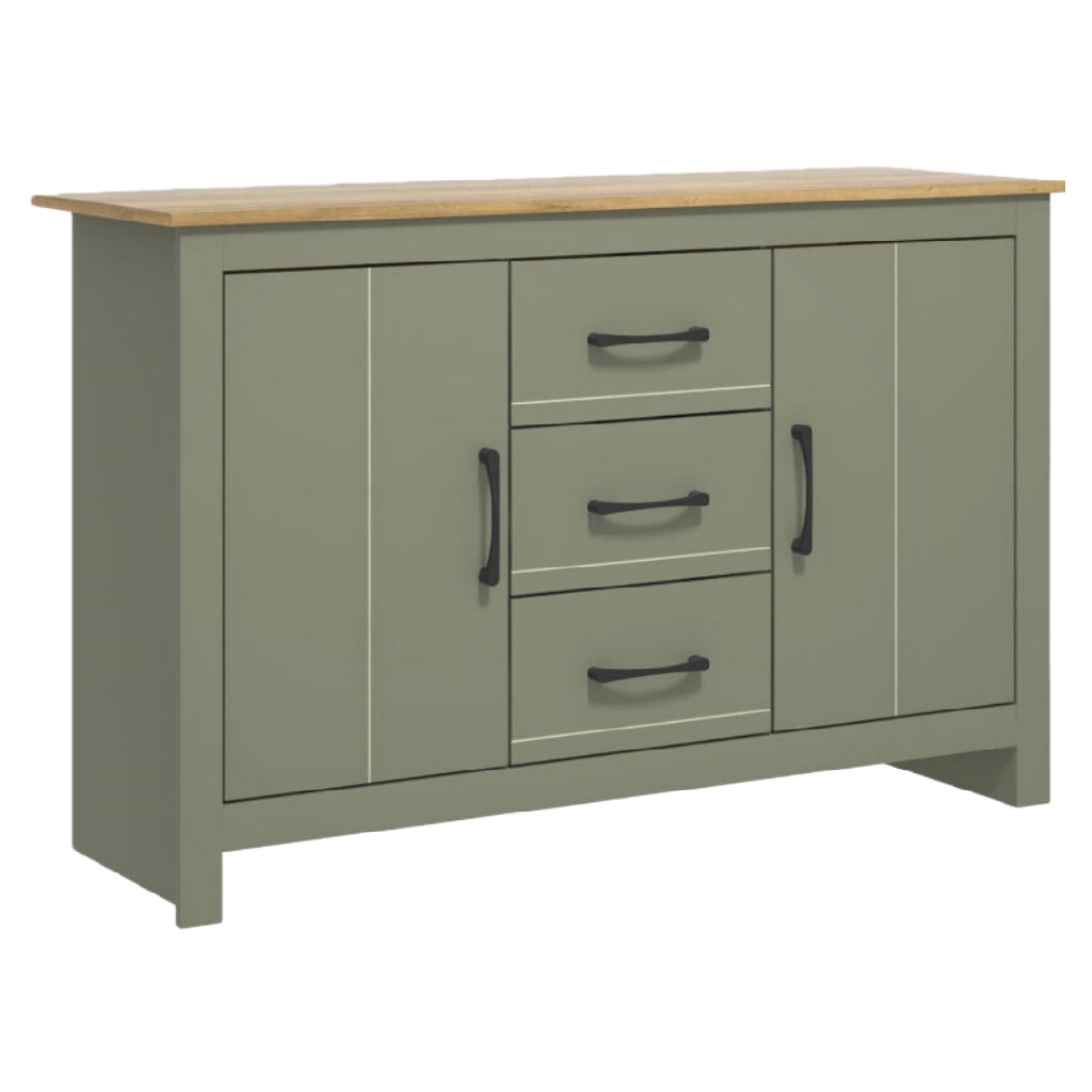 Buffet vert sauge avec plateau chêne clair — 2 portes et 3 tiroirs — style campagne chic / moderne