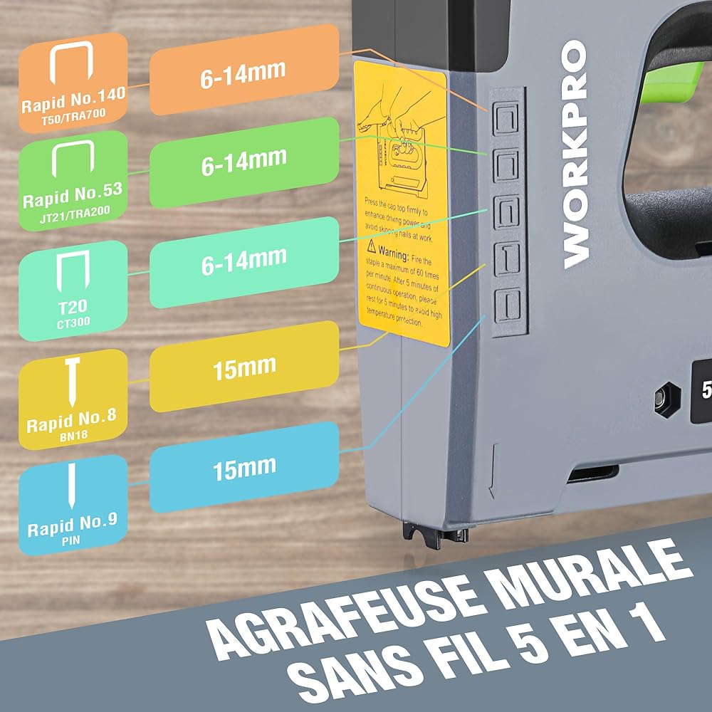 WORKPRO Agrafeuse sans Fil 3,6V Multifonction 5 en 1 avec 2000 Agrafes, Compatible avec Agrafes Types 140, 53, 8, 9, T20, Agrafeuse Murale électrique pour Bois, Tapissier, Décoration, Bricolage : Bricolage