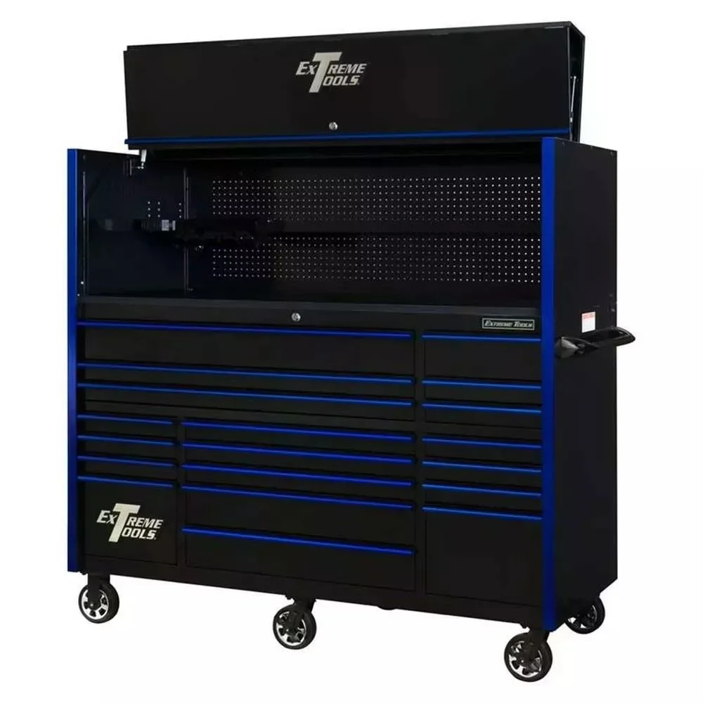 EXTREME TOOLS 72 RX SERIES 19-DRAWER 30 DEEP ROLLER CABINET W/HUTCH - BLACK W/BLUE DRAWER PULLS