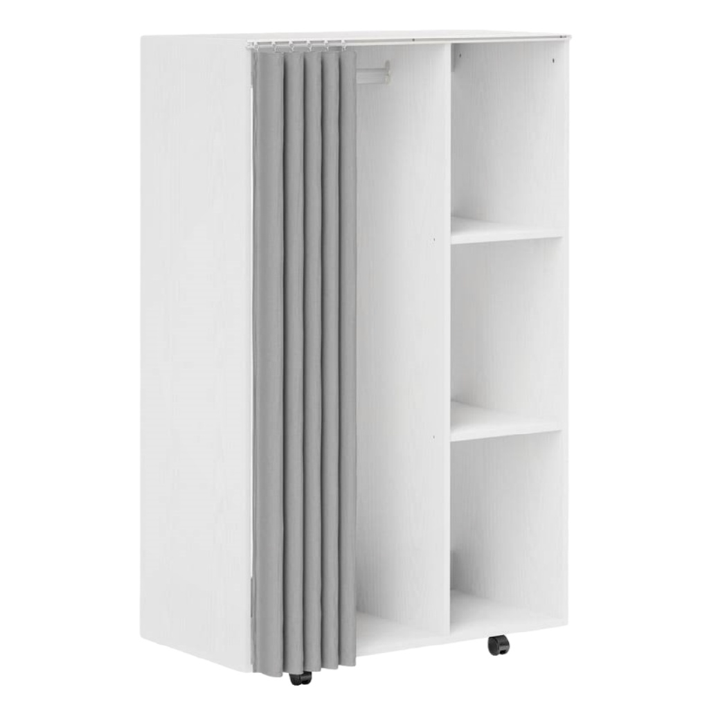 Penderie mobile blanche avec rideau gris – armoire sur roulettes 3 étagères + tringle – 80×50×180 cm