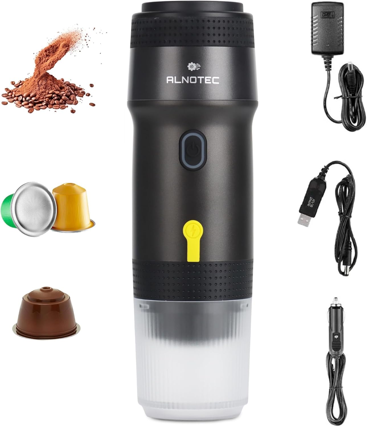ALNOTEC-Machine à Café Portable-Machine à expresso portable-électrique-Auto Chauffante-Compatible Capsules NES DG & Café Moulu-Chargeurs 220V,USB et Voiture-Brassage Froid/Chaud-cafetière rechargeable