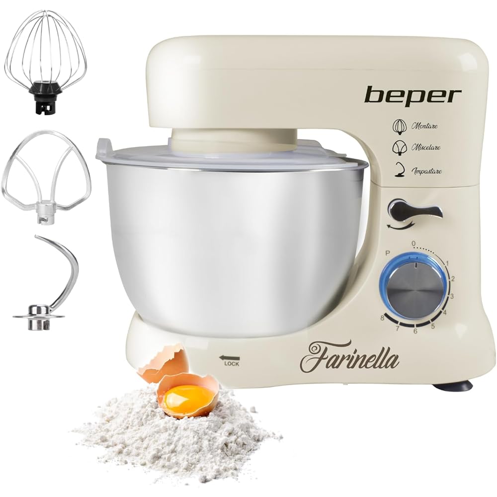Beper BP.200 Robot pâtissier planétaire, puissance 1000 W, récipient en acier inoxydable de 4,5 L, pour pétrir, amalgamer et monter à neige, couleur crème : Cuisine et Maison