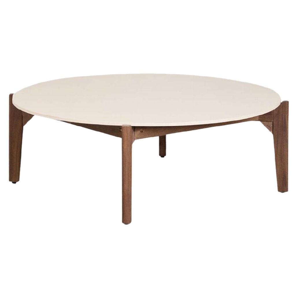 Table basse ronde design moderne – Plateau beige et structure en bois