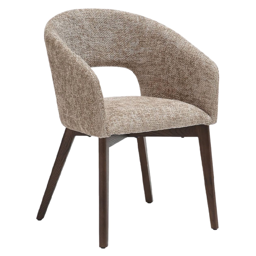 Chaise de salle à manger moderne en tissu beige brun avec pieds en bois foncé – Design arrondi confortable