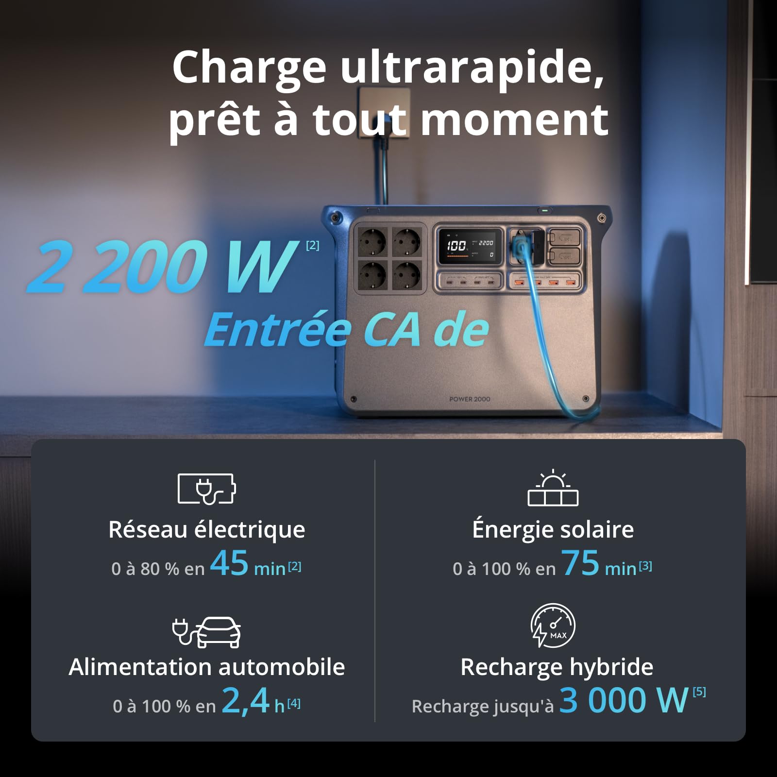 DJI Power 2000, station électrique portable 2 048 Wh (Batterie LFP), format compact, sortie stable de 3 000 W, recharge de 0–80% en 45 min, générateur