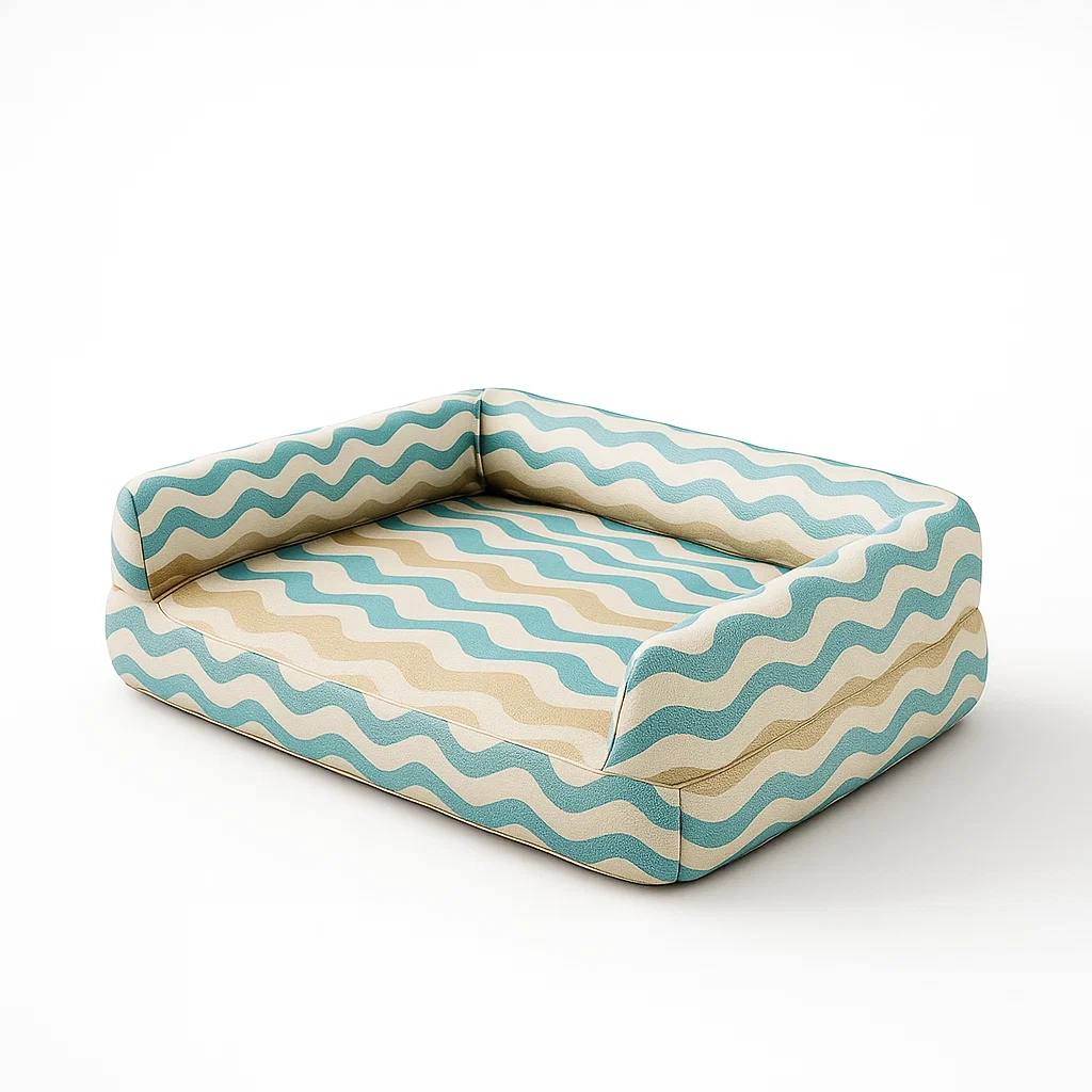 Coussin pour chien en tissu coton à motif vagues bleu et jaune 90x70x30 cm