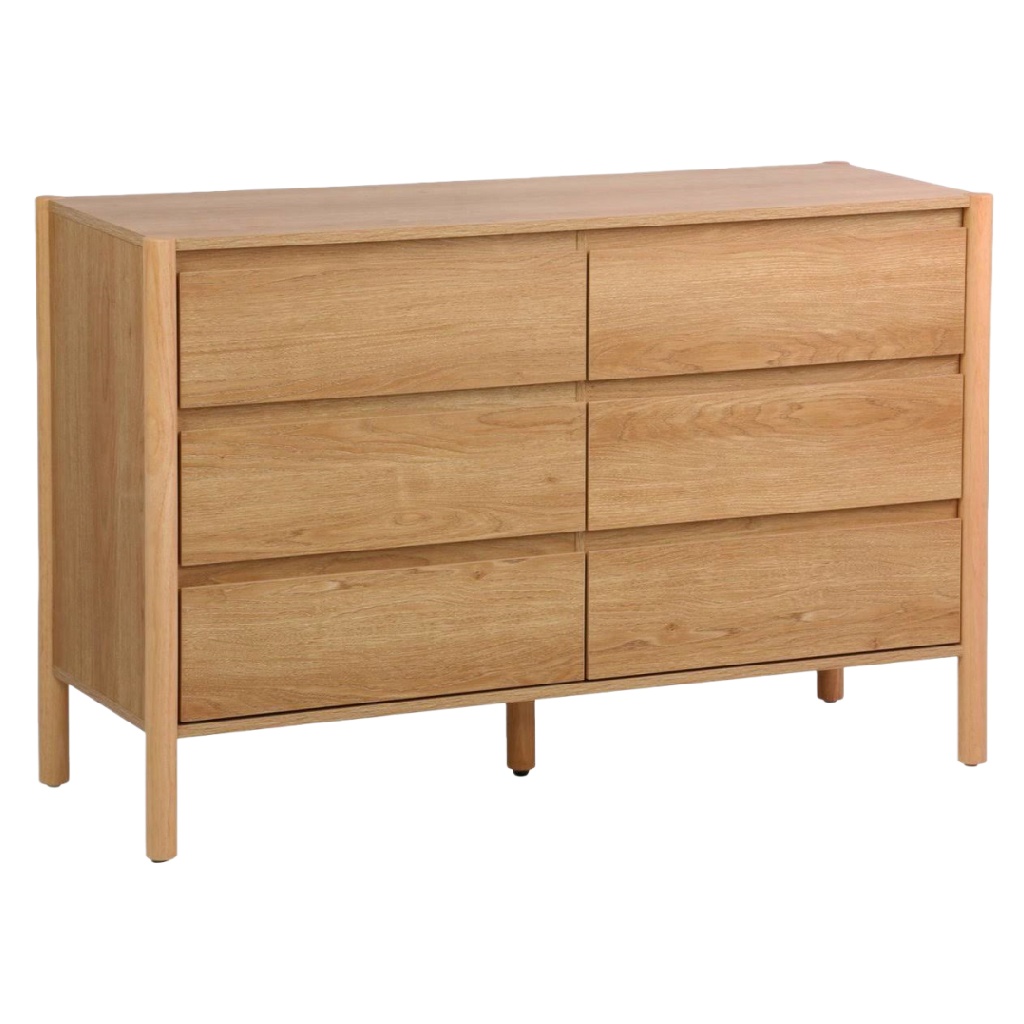 Commode 6 tiroirs en bois naturel – design scandinave avec pieds en bois massif, 120×80×40 cm