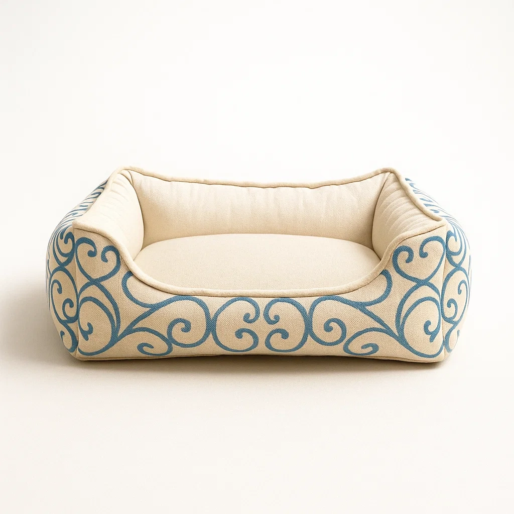Coussin pour chien en coton beige et bleu motifs 75 cm