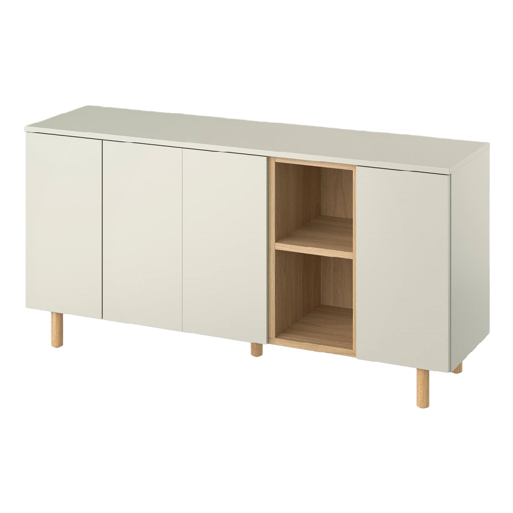 Buffet 4 portes avec niches ouvertes, blanc et chêne