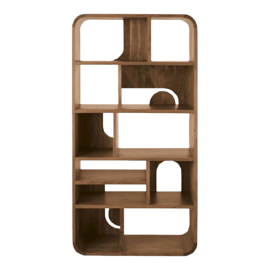 Bibliothèque design en bois massif – étagère géométrique avec arches – meuble de rangement moderne et sculptural