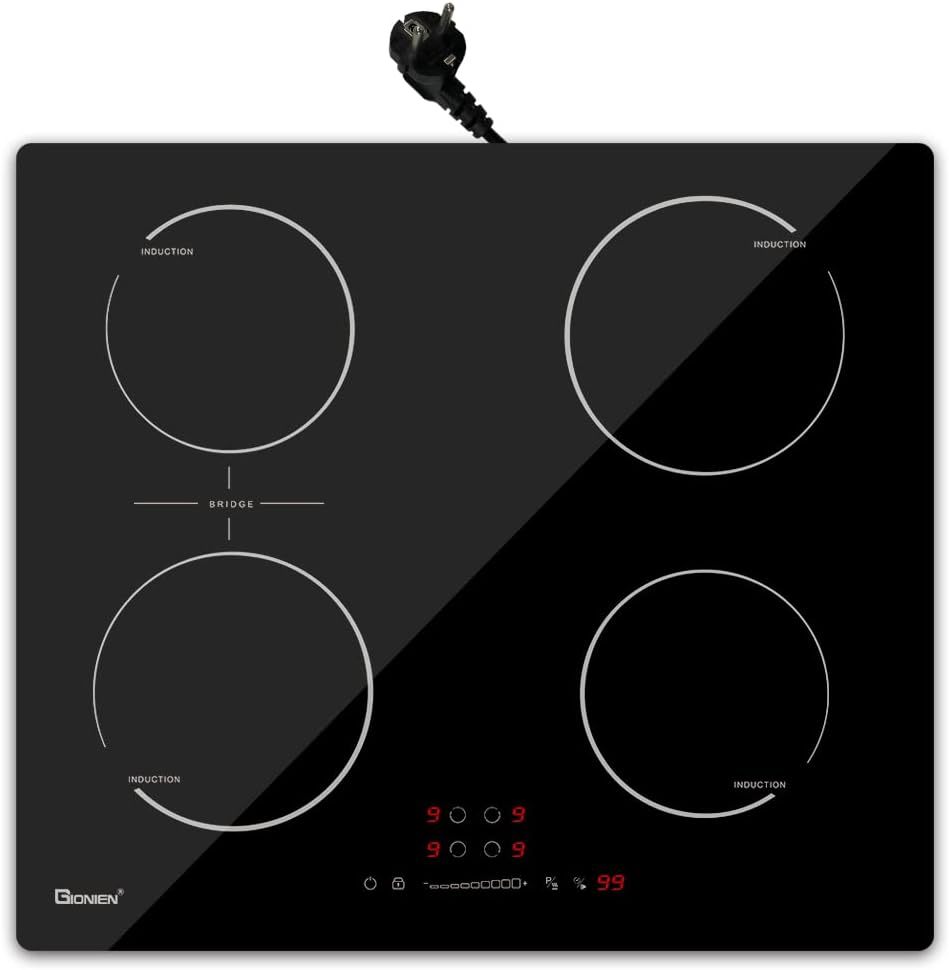 GIONIEN Induktionskochfeld mit Stecker 60cm 16Amp,Integriertes Elektrokochfeld Plug in mit Brückenzone, 4 Kochstellen Herd,2800W,GITS470SPVDE