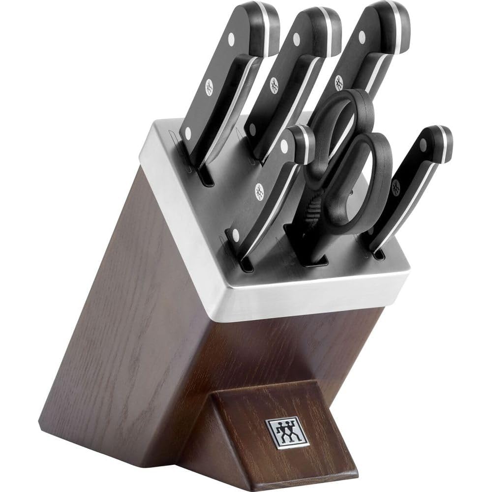 ZWILLING Bloc de Couteaux avec Auto-Affûtage (7 Pièces), Bloc Marron en Bois de Frêne, Couteaux & Ciseaux en Acier Inoxydable Spécial, Manche Plastique, série Gourmet : Cuisine et Maison