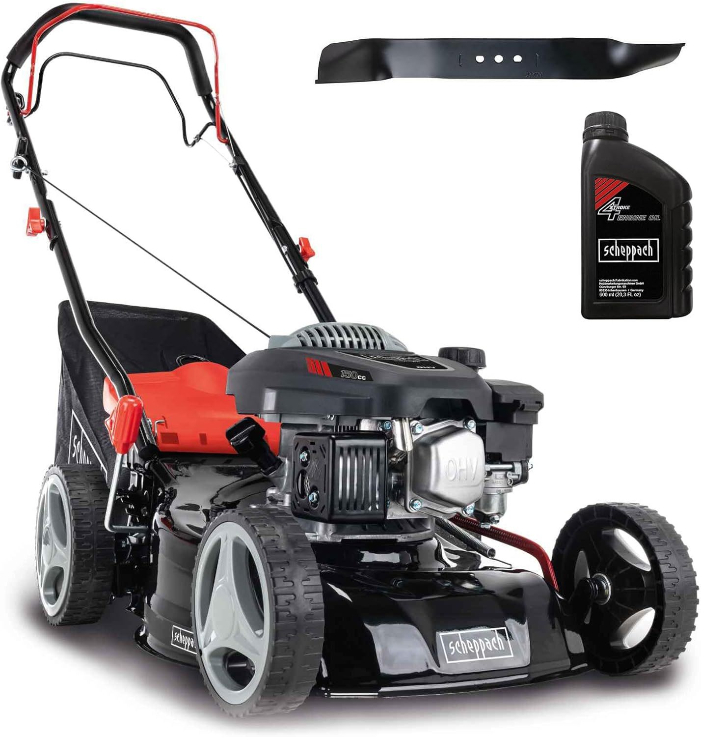 Scheppach Benzin Rasenmäher MS150-42 - 3,5PS | Schnittbreite 42cm | Radantrieb | Stahlgehäuse | Reinigungsfunktion | Mulchfunktion | 45 Liter Fangkorb | Höhenverstellung in 7 Stufen (25-75mm)