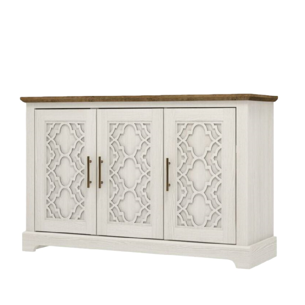 Buffet 3 portes avec façades sculptées — style campagne chic / bohème — bois bicolore