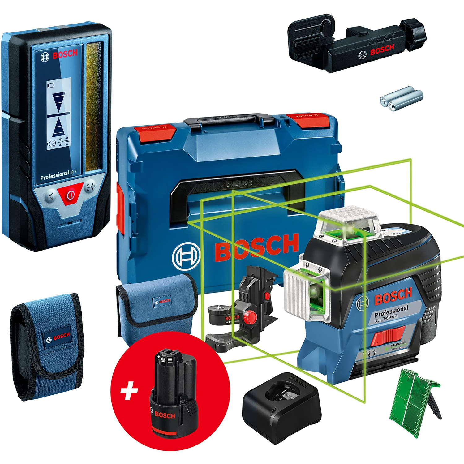 Bosch Professional 12V System Laser Lignes GLL 3-80 CG  Cellule de Rception LR 7 (Faisceau Rouge et Vert, 2 Piles 1,5 V AAA, Porte : 5-50 m, Housse de Protection)