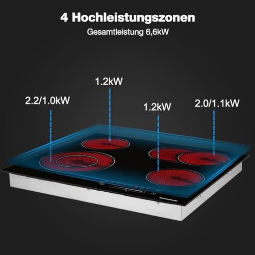 Thermomate 60cm Table de cuisson Vitrocéramique 4 Feux 6600W Encastrable Plaque Vitrocéramique Intégré, Commande Tactile, Verrou Pour Enfants, Minuterie, [Classe énergétique A ] : Gros électroménager