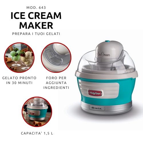 Ariete 643 Sorbetière Party Time, Sorbetière, 12W, Capacité 1,5 L, Panier amovible à double isolation, Temps de préparation 30 minutes, Couvercle pour ajouter les ingrédients, Bleu ciel : Cuisine et Maison