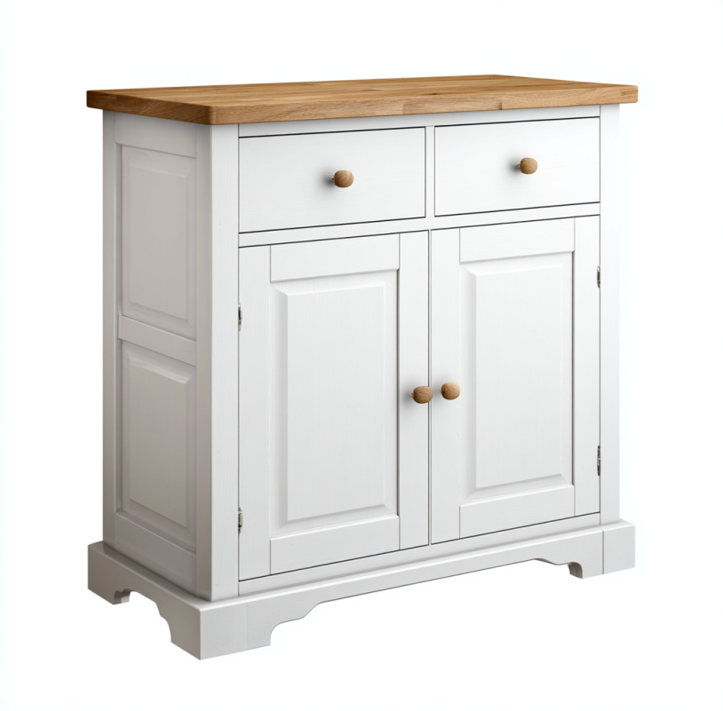 Commode blanche avec dessus en chêne et deux portes, deux tiroirs