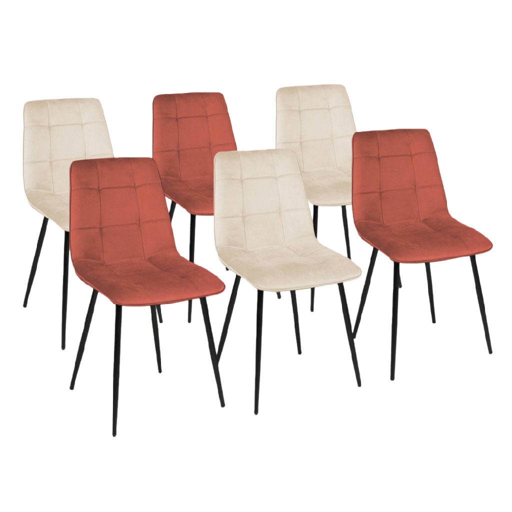 Lot de 6 chaises en velours crème et terracotta – Pieds métal noir – Style moderne et confortable
