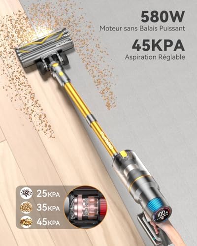 aonus A9S Aspirateur Balai sans Fil 45Kpa/580W/70Mins, Aspirateur sans Fil Puissant, Écrans Tactiles, Aspirateur Balai Autoportant avec Brosse Anti enchevêtrement pour Tapis/Sols Durs/Poils d'animaux : Cuisine et Maison