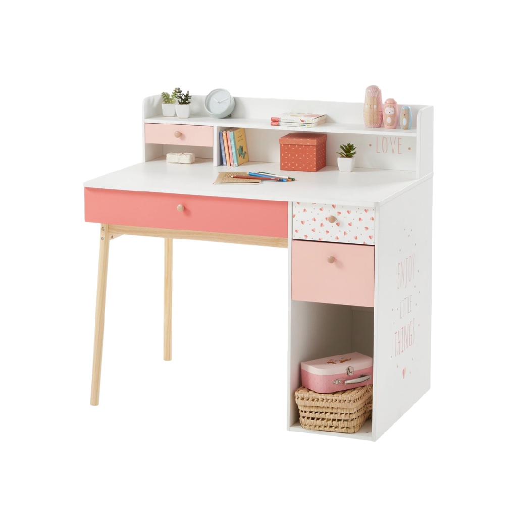 Bureau pour enfant avec étagère supérieure et tiroirs multicolores — Rose et blanc