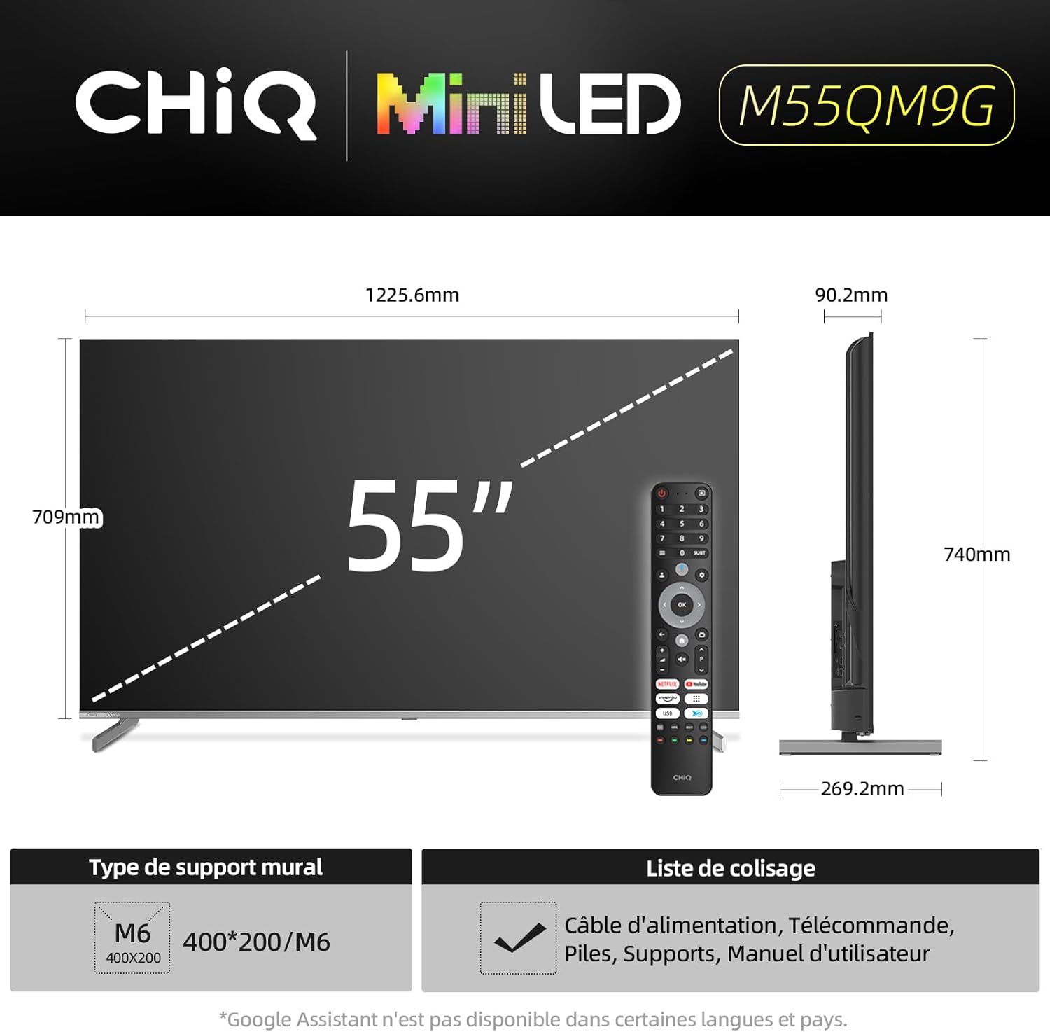 CHIQ M55QN9G 55 Pouces (139 cm) TV Smart 4K Mini QLED, Google TV, 60Hz MEMC & Local Dimming, Dolby Vision & Atmos,DLG 120Hz, HDR10 Chromecast