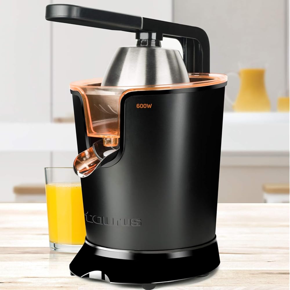 Taurus Easy Press 600 - Presse agrumes électrique levier professionnel 600W, Moteur à courant alternatif, 2 cônes pour tous les agrumes, 650ml, Filtre en inox, Amovible, Noir : Cuisine et Maison