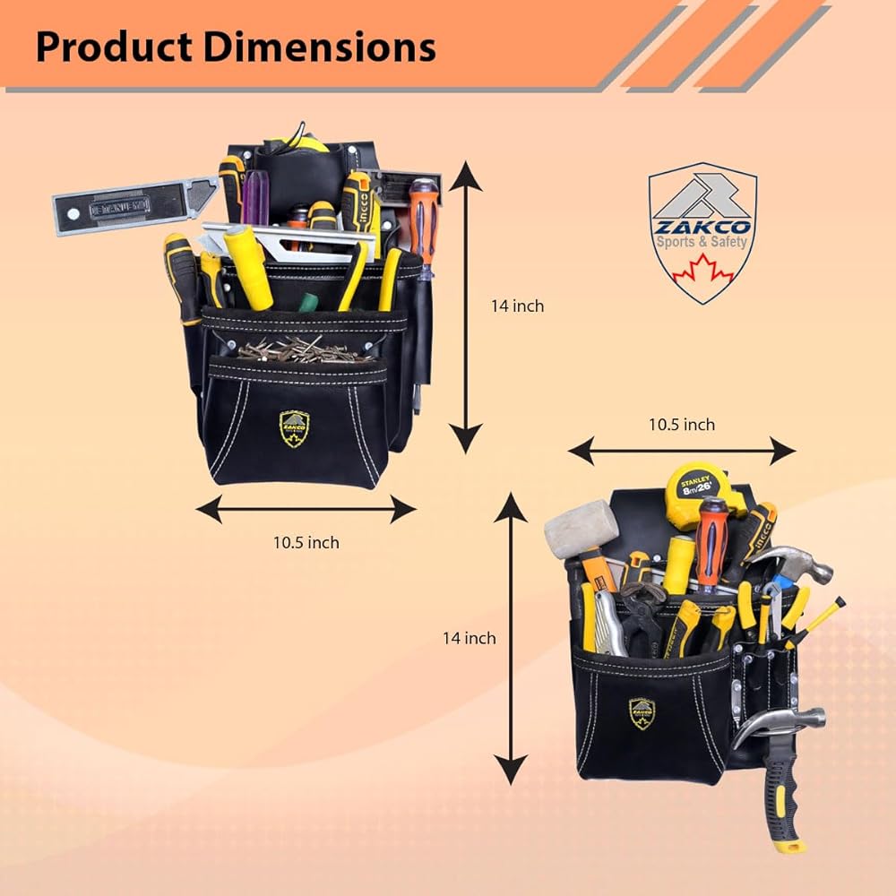 ZAKCO PRO-19 Ceinture à outils en cuir véritable, multi-poches, ceinture à outils de charpentier, pochettes en cuir réglables, ceinture à outils pour charpentier, bricoleur et couvreur : Bricolage