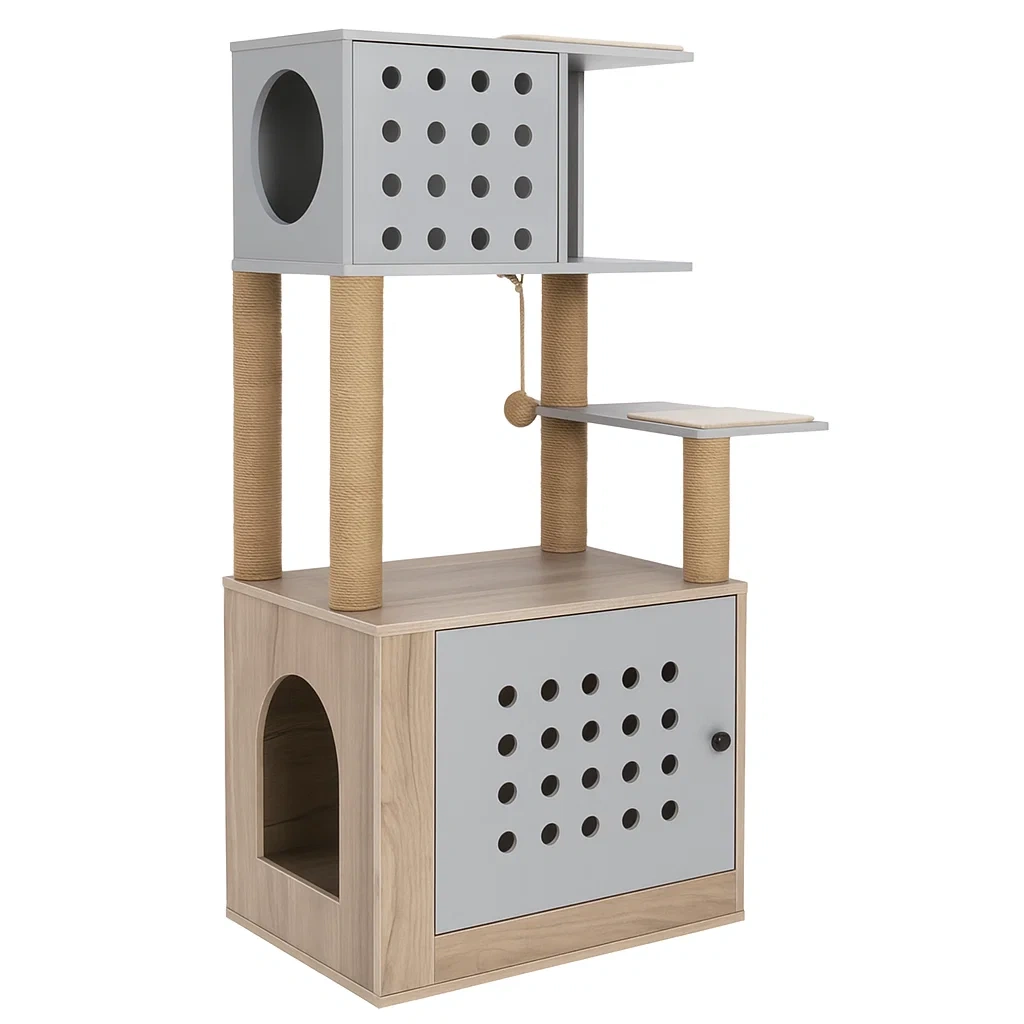 Arbre à chat en bois et MDF avec corde de sisal