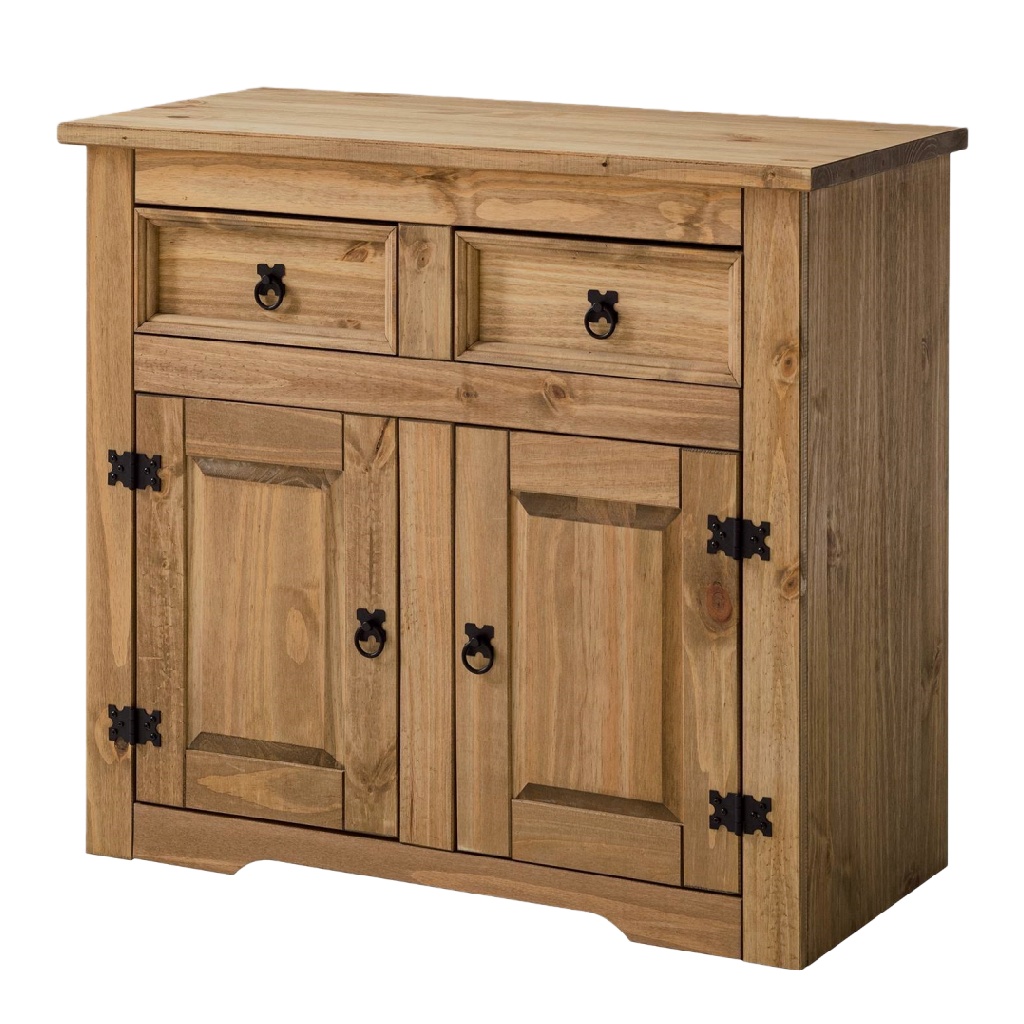 Buffet rustique en pin massif – 2 tiroirs & 2 portes, ferrures noires vintage