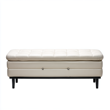 Banc rectangulaire en cuir blanc avec coffre de rangement