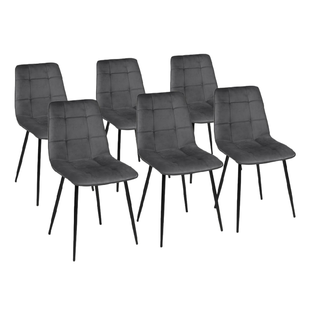 Lot de 6 chaises de salle à manger en velours gris anthracite – Pieds en métal noir – Style moderne élégant