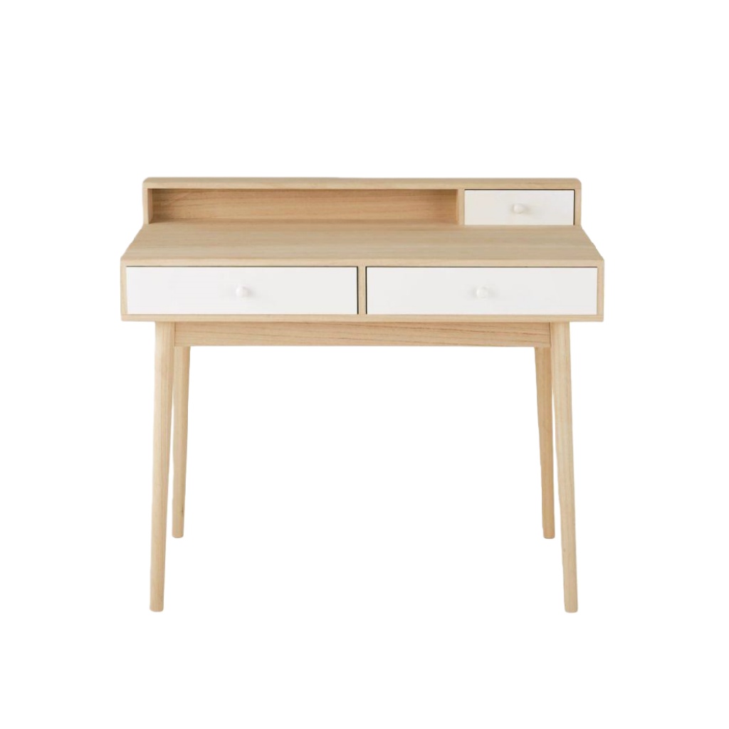 Bureau nordique avec rangements – bois clair et tiroirs blancs – design épuré