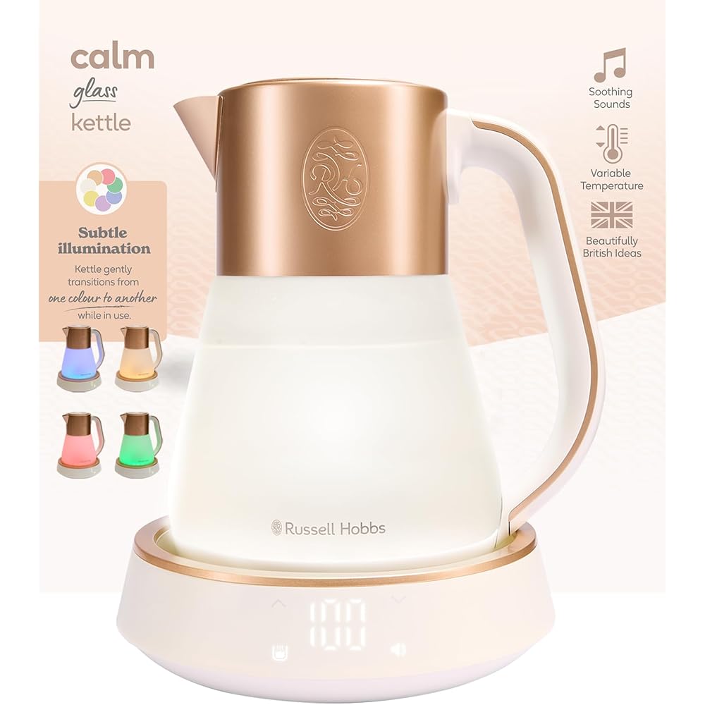 Russell Hobbs Bouilloire en verre [1,7L, température réglable 40-100°] Calm (éclairage intérieur & son apaisant, Technologie Quiet-Boil, maintien au chaud, écran numérique & tactile, 2400W) 27450-70 : Cuisine et Maison