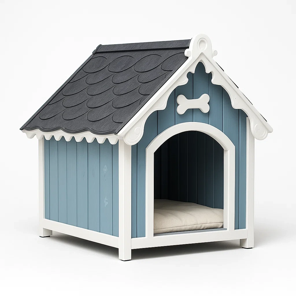 Niche pour chien en bois bleu et blanc avec toit en résine